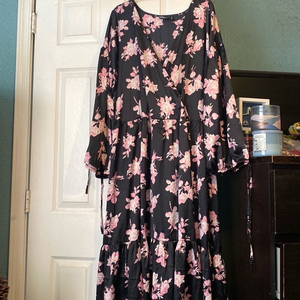 Long sleeved ankle length black floral dress